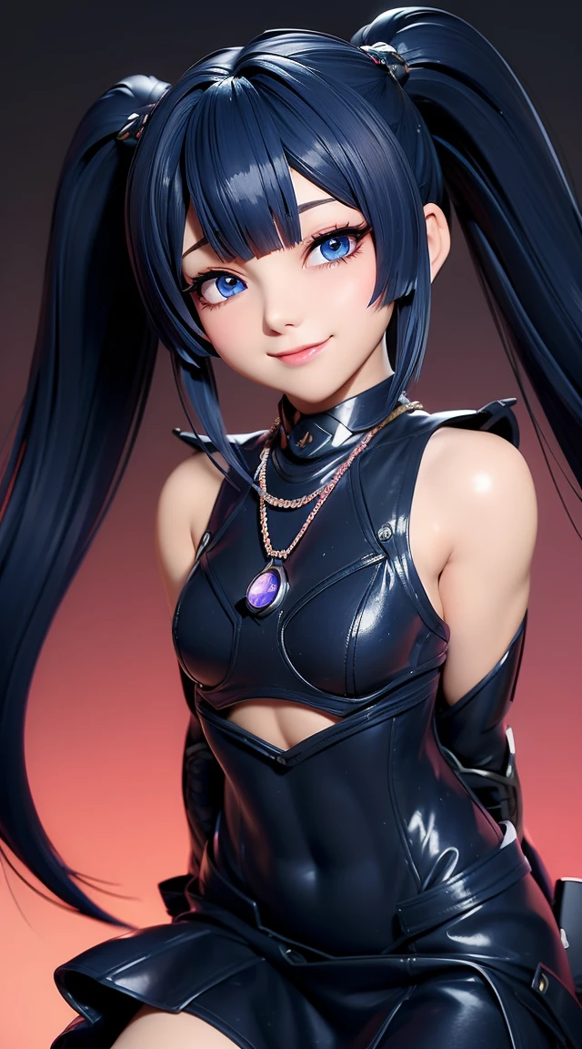 (masterpiece:1.3), (Best Quality:1.3), (Ultra-detailed:1.2), ((kawaii)), Cute, (lovely), ((sexy)), ((Extremely detailed)), 4K, (8K), Best Quality, (Beautiful), Illustration, anime style, (bold line:1.2), Gradation, looking at viewer, //, (bent down:1.1), (arms behind back), //, a cute girl, 1girl, (solo:1.2), gleaming skin, //, (flat chested), (Perfect eyes:1.2), (Perfect iris:1.2), //, darkblue hair color, (beautiful eyes) //, (half closed eyes:1.3), (sexual expression:1.2), Fascinated expression, smile, (blush:1.2), //, modern city background, on rock, twin tails, straight bangs, muscle girl, hard abs, exposed abs, NECKLACE, skirt, heavy armor suit, mecha musume, underboobs