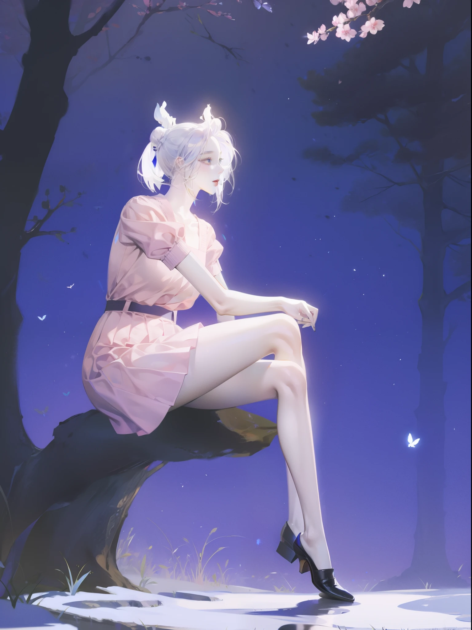 1 girl，Shimizu，Blue Butterfly，Pure white gauze skirt，shiny，Sitting in the woods
