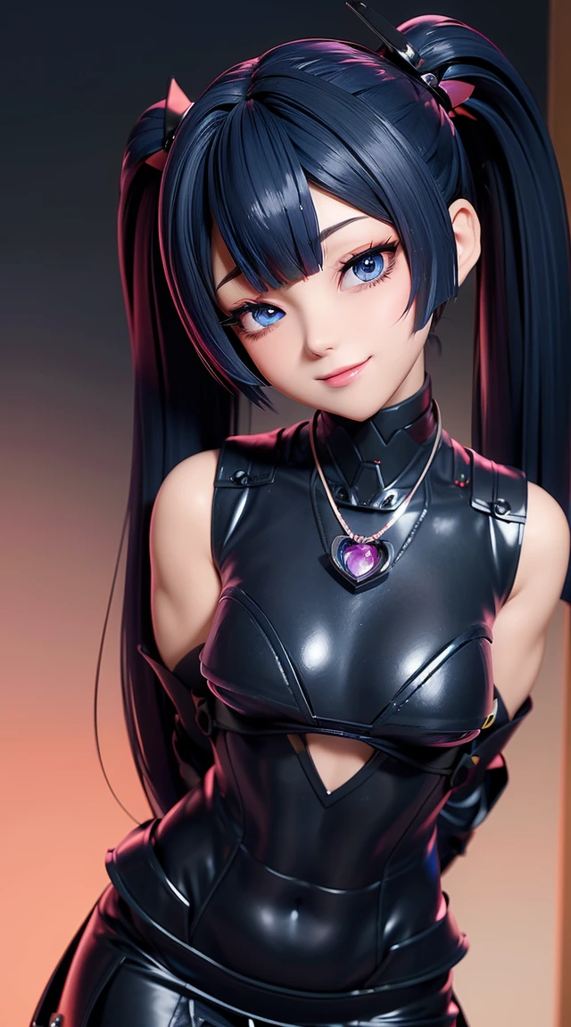(masterpiece:1.3), (Best Quality:1.3), (Ultra-detailed:1.2), ((kawaii)), Cute, (lovely), ((sexy)), ((Extremely detailed)), 4K, (8K), Best Quality, (Beautiful), Illustration, anime style, (bold line:1.2), Gradation, looking at viewer, //, (bent down:1.1), (arms behind back), //, a cute girl, 1girl, (solo:1.2), gleaming skin, //, (flat chested), (Perfect eyes:1.2), (Perfect iris:1.2), //, darkblue hair color, (beautiful eyes) //, (half closed eyes:1.3), (sexual expression:1.2), Fascinated expression, smile, (blush:1.2), //, modern city background, on rock, twin tails, straight bangs, muscle girl, hard abs, exposed abs, NECKLACE, skirt, heavy armor suit, mecha musume, underboobs