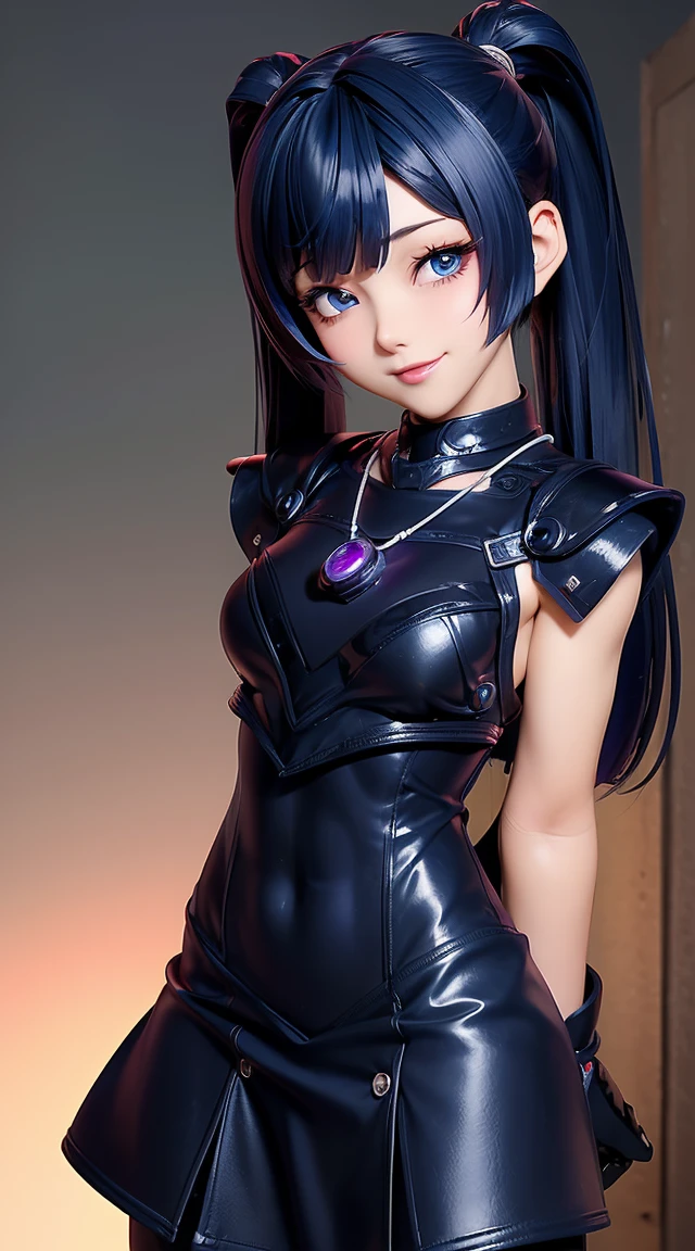  (masterpiece:1.3), (Best Quality:1.3), (Ultra-detailed:1.2), ((kawaii)), Cute, (lovely), (()), ((Extremely detailed)), 4K, (8K), Best Quality, (Beautiful), Illustration, anime style, (bold line:1.2), Gradation, looking at viewer, //, (bent down:1.1), (arms behind back), //, a cute girl, 1girl, (solo:1.2), gleaming skin, //, (), (Perfect eyes:1.2), (Perfect iris:1.2), //, darkblue hair color, (beautiful eyes) //, (half closed eyes:1.3), ( expression:1.2), Fascinated expression, smile, (blush:1.2), //, modern city background, on rock, twin tails, straight bangs, muscle girl, hard abs,  abs, NECKLACE, skirt, heavy armor suit, mecha musume, underboobs