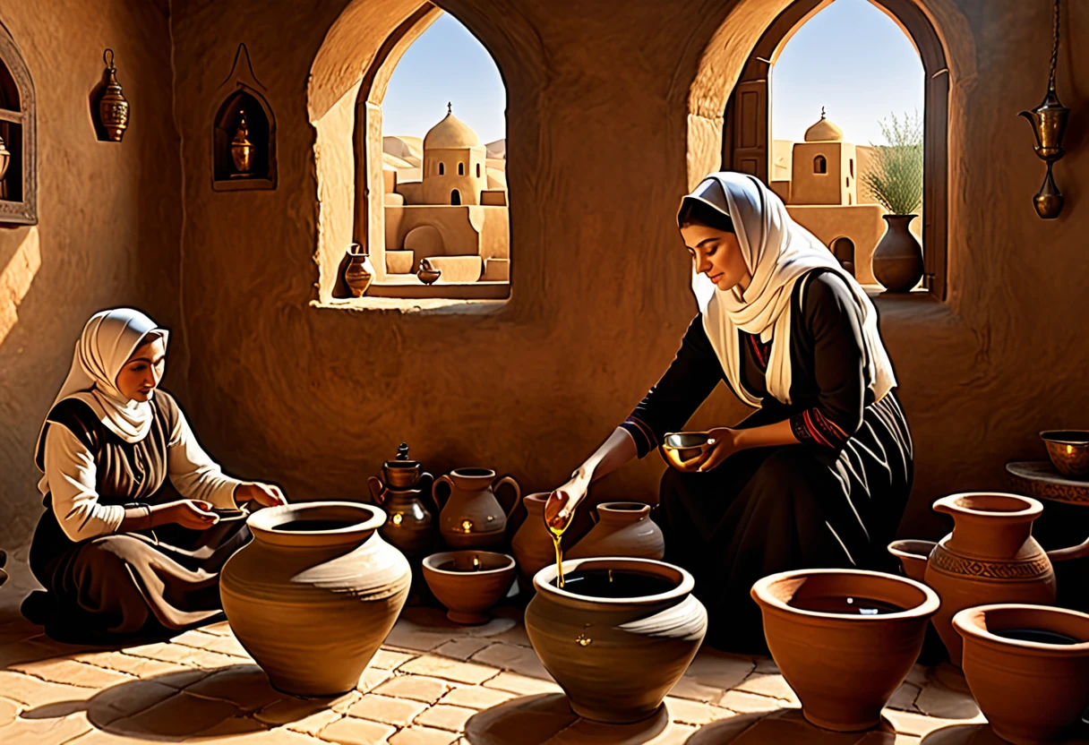 ((widow pouring oil into a vessel beside)), (small by your side watching), (ancient Middle Eastern village), (widow pouring oil from a jar while Elisha looks on), (biblical narrative moment), (modest home with clay walls and simple furnishings), (soft, natural light filtering through a window), (inspired by Rembrandt), (realistic), (digital painting), (historical scene), (earthy tones with highlights of gold and brown), (high resolution, ultra-detailed), (masterpiece quality)