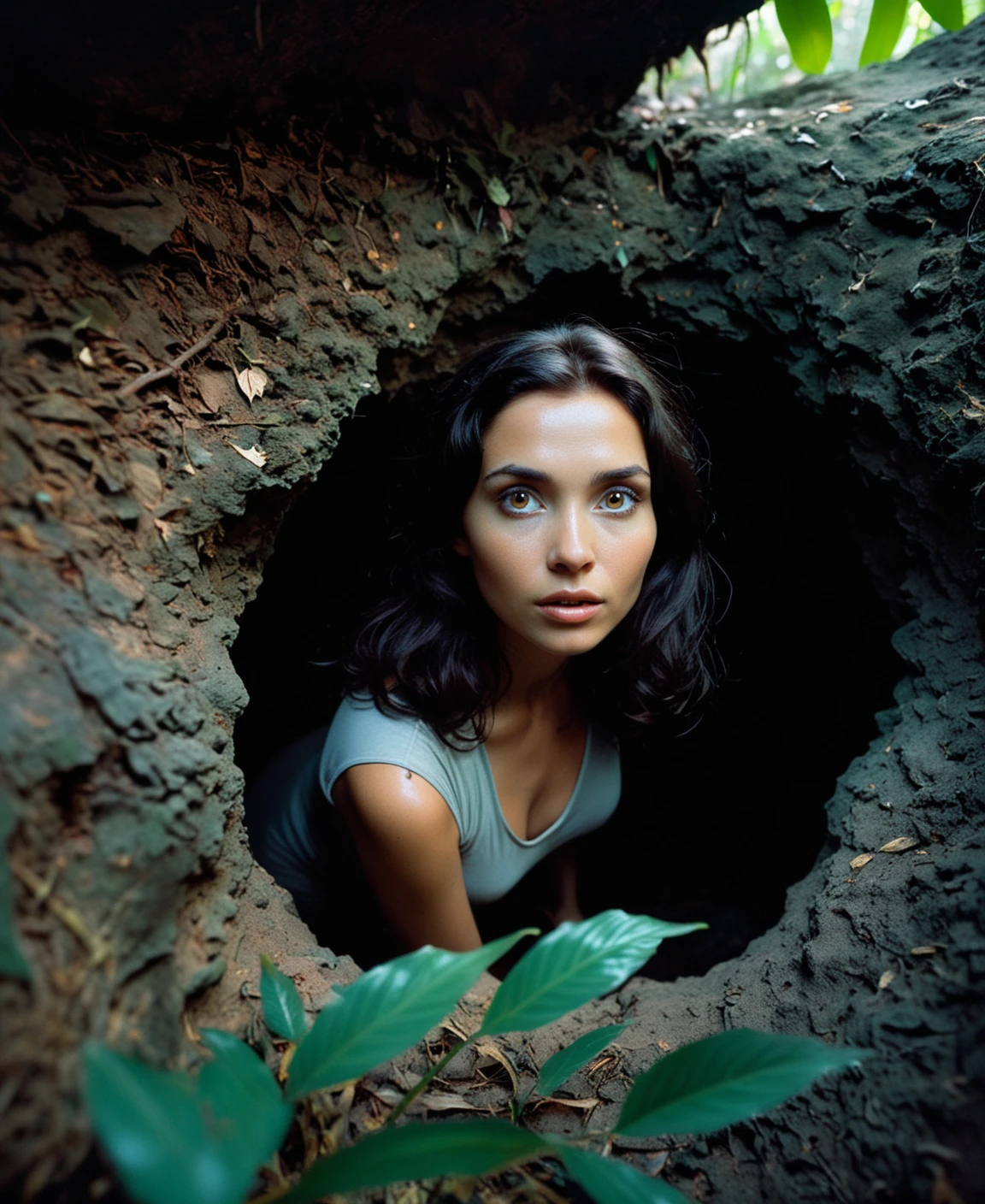 Girl enters the blackhole cave in the jungles, Anna, a mystical woman with dark hair, curious eyes, vintage film, contrast between warm outdoor and cold dusk, cozy atmosphere, mix of natural and cosmic, mix of natural and artificial light, end with a Thoreaulike scene.