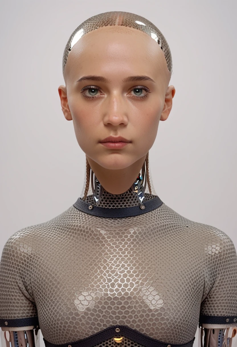 ava, portrait, android, transparent skin parts, looking at the viewer, waist, gray bodysuit, bald, perfect skin, smooth skin, round face, score_9, score_8_up, score_7_up, score_6_up, score_5_up, score_4_up
