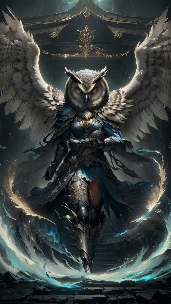 In a dark room there is a large owl with its wings spread., フクロウのmagic使い, magic the gathering card art, Symmetrical epic fantasy art, Fantasy card game art, magic Gathering Art, Bird Warrior, magic : Gathering Art, magic the gathering concept art, epic Fantasy card game art, Full Art, Shiny Owl, Kerem Couplet