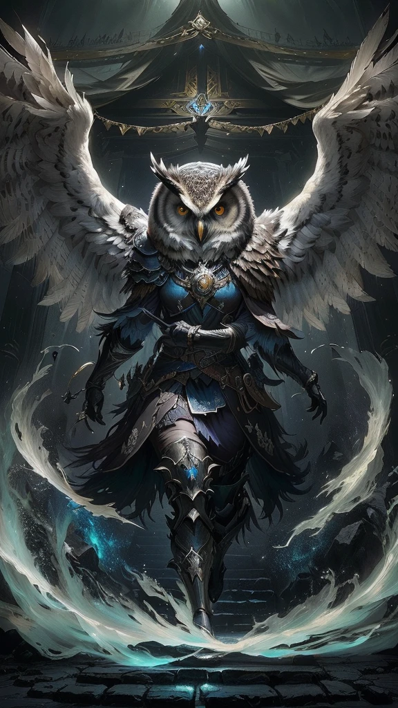 In a dark room there is a large owl with its wings spread., フクロウのmagic使い, magic the gathering card art, Symmetrical epic fantasy art, Fantasy card game art, magic Gathering Art, Bird Warrior, magic : Gathering Art, magic the gathering concept art, epic Fantasy card game art, Full Art, Shiny Owl, Kerem Couplet