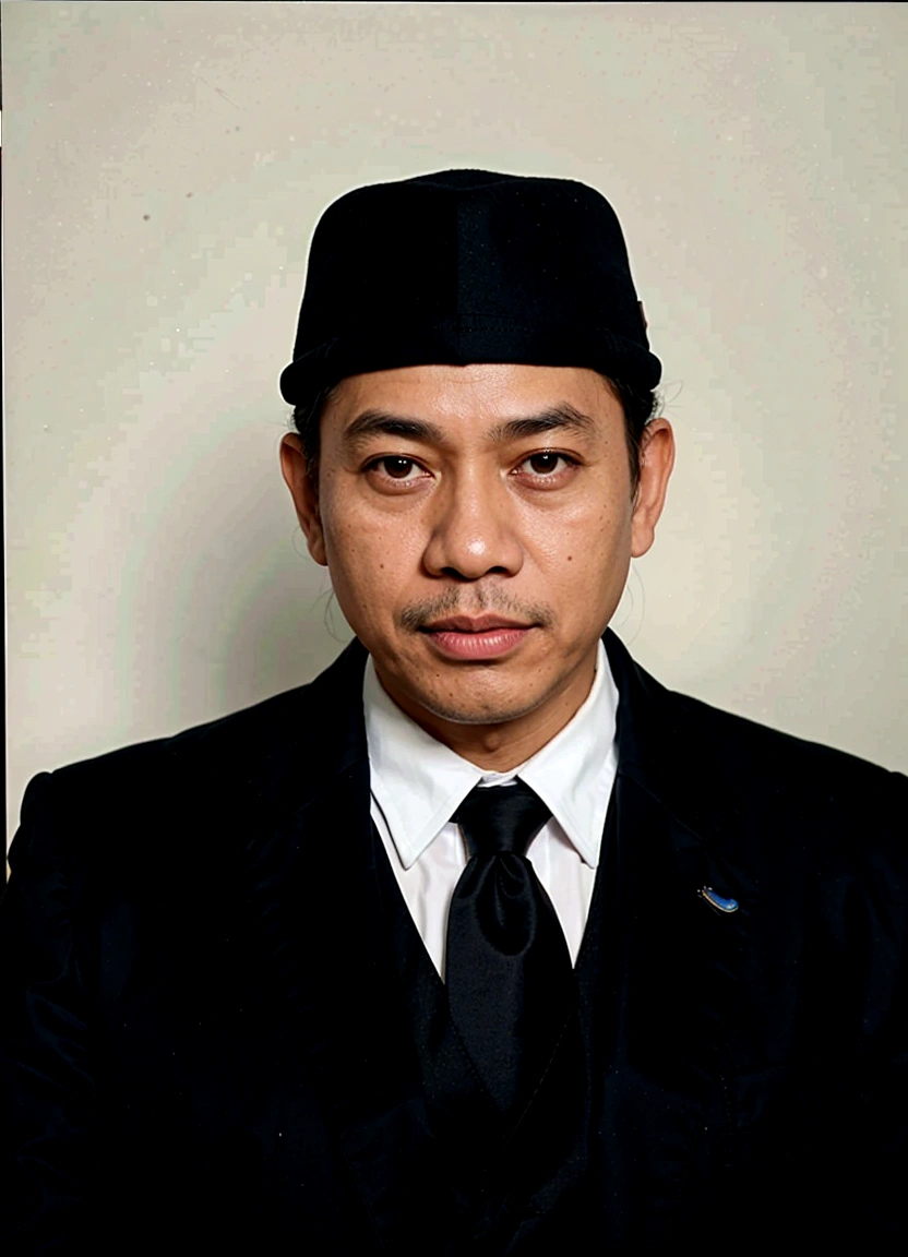 there is a man in a black suit and a black hat, inspired by I Ketut Soki, inspired by Basuki Abdullah, raden saleh, full protrait, by I Ketut Soki, ramil sunga, digital art but photo, jokowi, academy headmaster, mohamed chahin, photoshopped, inspired by Bohumil Kubista