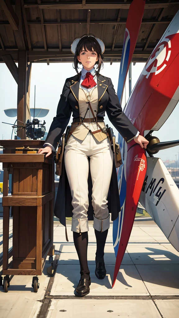 (1 girl:1.4), (SFV), (dressed), (masterpiece), illustration,(realistic:1.5), (mirror lighting:1.4), (hyperrealistic:1.2), (photorealistic face:1.2), (perfect face), (Best quality), (8 k), (4K), photorealistic, sharp focus, Octane render, Best quality, extremely detailed, difficult, hyper detailed, fantasy, soft lighting,(Medium breasts:1.4), (dent in the skin:1.3), Rev. Matilda from Gundam, Matilda Agen, Rev. Matilda, looking straight at the viewer, one hand down, tanned full uniform, tan uniform, slim off-white trousers, Perfect body, standing straight, military attention, Military salute, officer uniform, light brown military jacket, brown button down jacket, perfect hands, officer&#39;s hat, brown hat, warm smile, kind smile, Gundam in the background, short brown hair, one hand down, hair combed back, cropped hair, hip gap