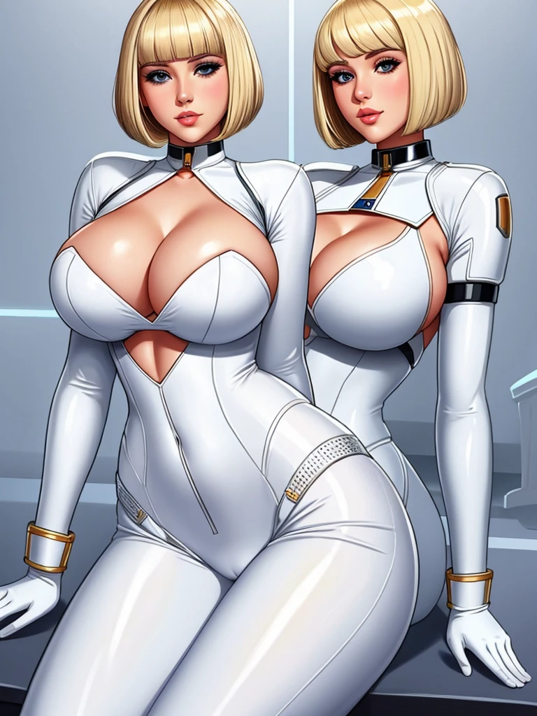 masterpiece, white , full body shot, , gorgeous woman, clone, barcode, blonde, slave collar, 1girl, bobcut, rubenesque woman