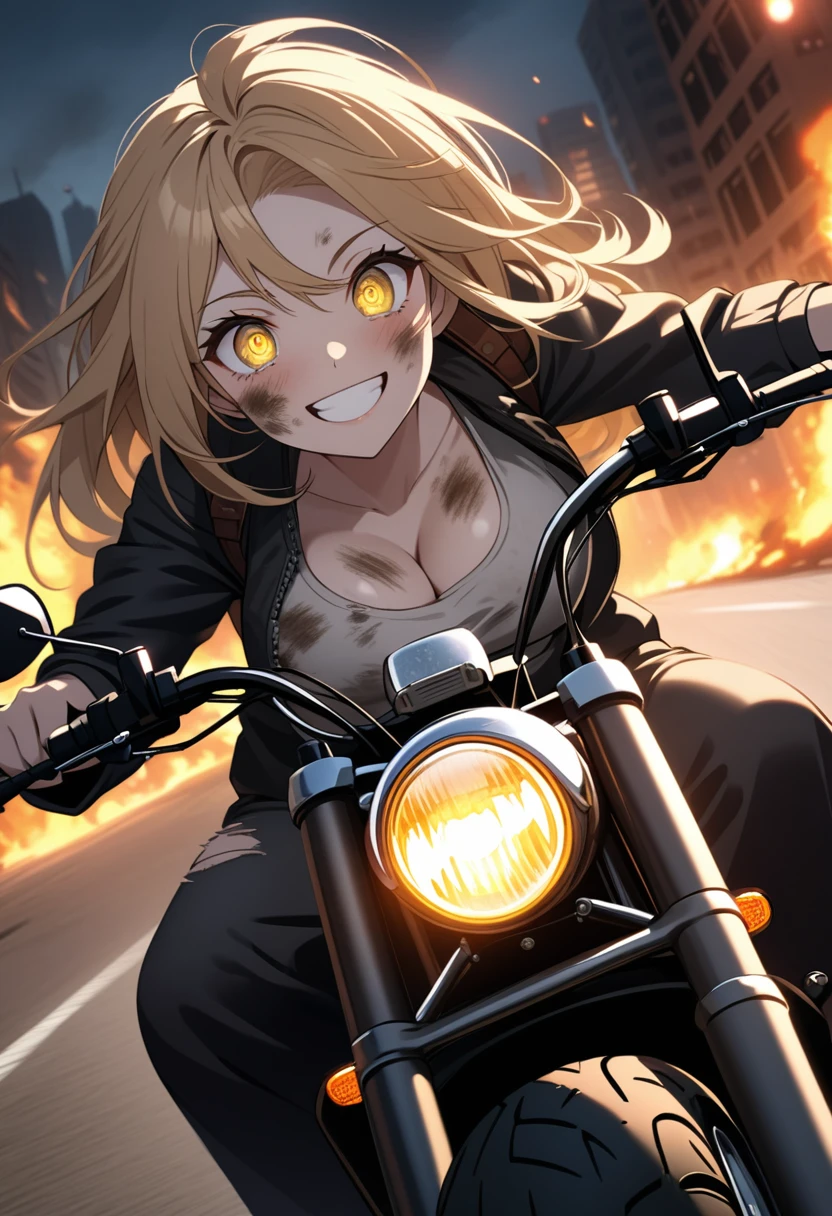 Golden hair, golden eyes with black pupils, woman, cruiser motorcycle, big chest, motorcycle goggles, happy, big smile, dirty, burning city at night, zombie apocalypse, tattered black streetwear, speeding, highly detailed, perfect eyes, well defined eyes, highly detailed eyes, expressive eyes