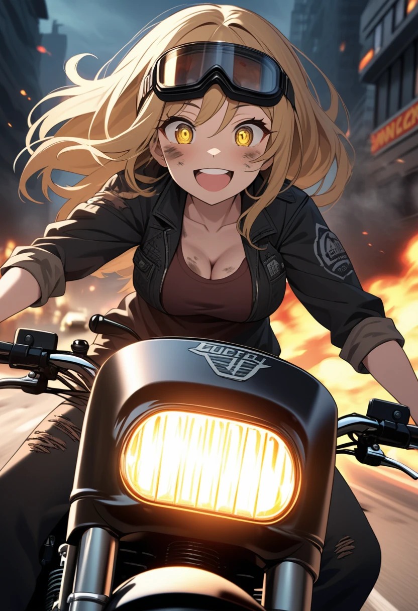 Golden hair, golden eyes with black pupils, woman, cruiser motorcycle, big chest, motorcycle goggles, happy, big smile, dirty, burning city at night, zombie apocalypse, tattered black streetwear, speeding, highly detailed, perfect eyes, well defined eyes, highly detailed eyes, expressive eyes