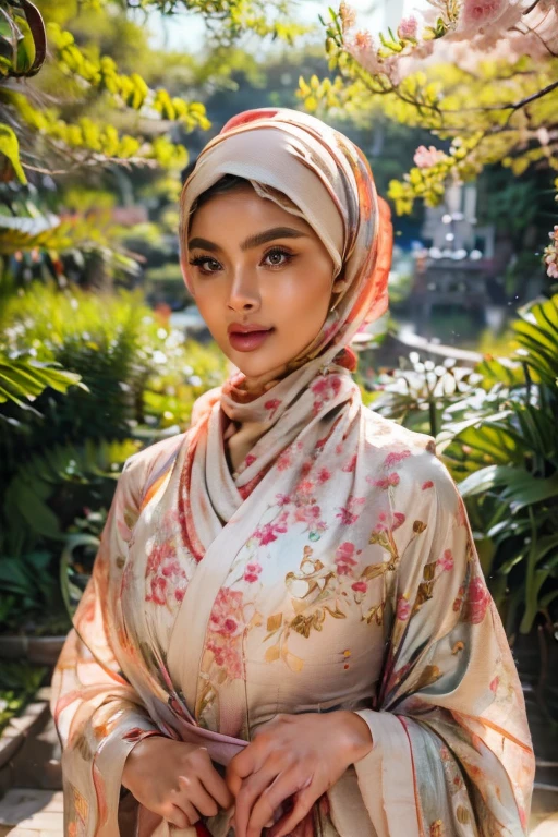 1 girl, beautiful detailed face, beautiful detailed eyes, beautiful detailed nose, beautiful detailed lips, long eyelashes, hijab, kimono, kawaii, soft lighting, cinematic composition, warm color palette, ethereal, elegant, dreamlike, delicate, intricate details, masterpiece, photorealistic, 8K, ultra-detailed, hyper-realistic, digital painting