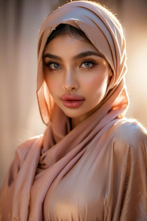 1 girl, beautiful detailed face, beautiful detailed eyes, beautiful detailed nose, beautiful detailed lips, long eyelashes, hijab, kimono, kawaii, soft lighting, cinematic composition, warm color palette, ethereal, elegant, dreamlike, delicate, intricate details, masterpiece, photorealistic, 8K, ultra-detailed, hyper-realistic, digital painting