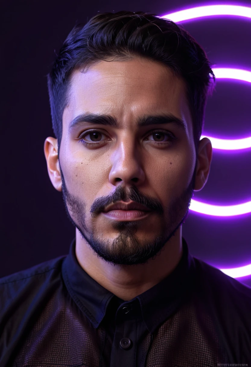 a latin american guy, with extremely short hair and a black shirt, beard only on his chin, goatee, highly detailed vfx portrait, jared aura and wires, amazing lighting effect, extremely moody purple lighting, darksynth character portrait, nft portrait, 8k portrait render, epic and elegant portrait, high quality portrait, 8K portrait photo, profile portrait, 3d render