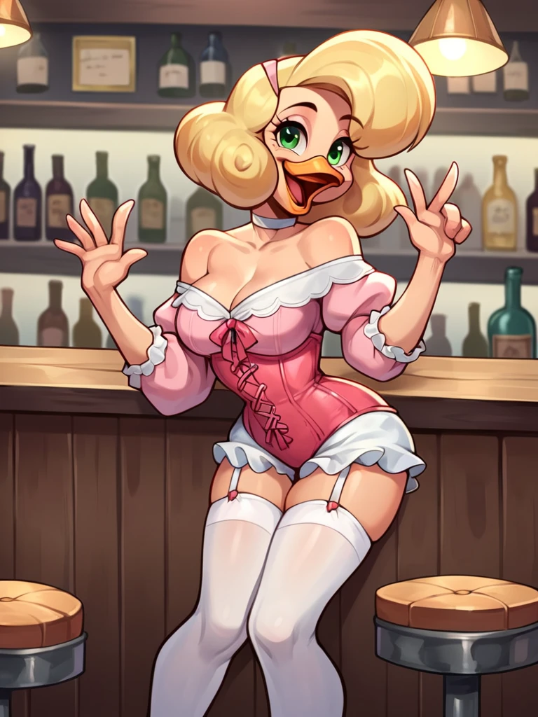 score_9, score_8_up, score_7_up, score_6_up,score_5_up,score_4_up,, 1girl,goldie o'gilt, ducktales, beak, duck, green eyes, eyebrows, blonde hair, mature female, eye bags, eyelashes, scut tail, white skin, orange legs, cute, sexy, hud_vtg_ling, pink corset, bloomers, garter straps, puffy sleeves, blouse, off shoulder, jewelry, white thighhighs, standing behind counter, bar, laughing at you, leaning forward, in a bar, crowded, dark, hazy, low light, wild west, ZPDXL,