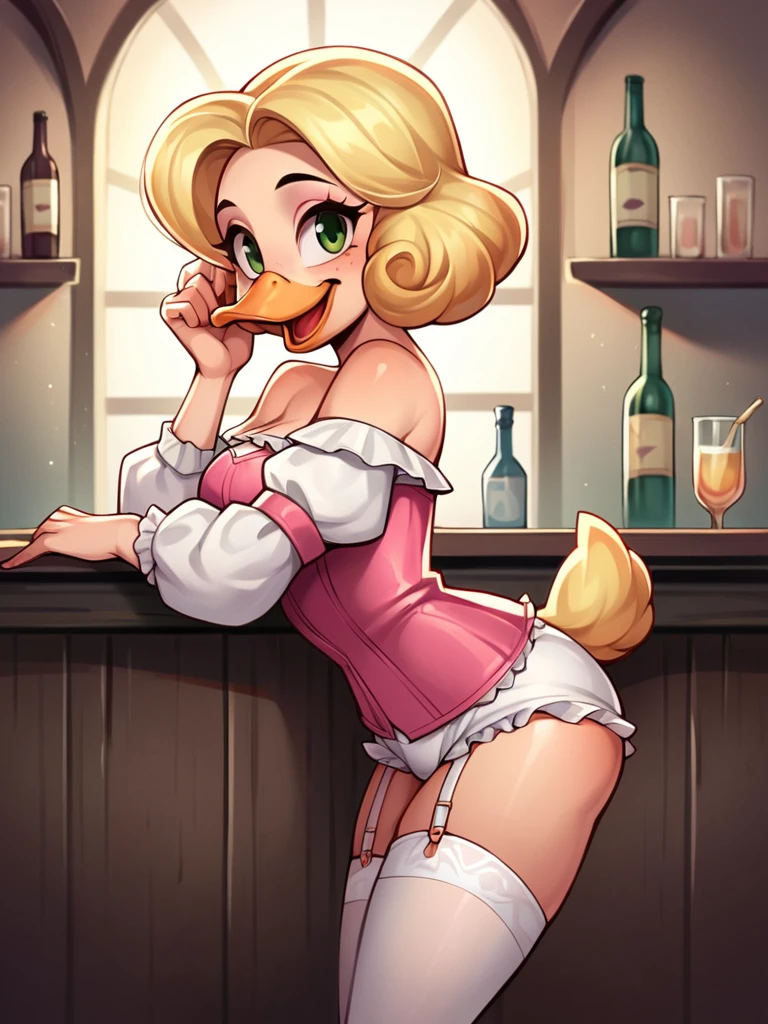 score_9, score_8_up, score_7_up, score_6_up,score_5_up,score_4_up,, 1girl,goldie o'gilt, ducktales, beak, duck, green eyes, eyebrows, blonde hair, mature female, eye bags, eyelashes, scut tail, white skin, orange legs, cute, sexy, hud_vtg_ling, pink corset, bloomers, garter straps, puffy sleeves, blouse, off shoulder, jewelry, white thighhighs, standing behind counter, bar, laughing at you, leaning forward, in a bar, crowded, dark, hazy, low light, wild west, ZPDXL,
