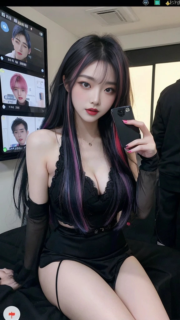  (high quality), (SFW), (vertical split screen:1.6), (Various scans:1.5),  (A mature  who enjoys a smartphone chat app with numerous Korean adult men.. : 1.6), (The girl has colorful dyed hair and pretty face makeup. : 1.4), (She wears a feminine dress and stockings., Sitting on bed wearing strappy high heels and chatting online with several men...), Her smartphone display shows a number of adult Korean men chatting with her., Chat language is English., The man is waiting for her answer, Each pop-up window is displayed.., chat history, Online Profiles and Photos, And the man asks her to chat on the smartphone screen.. He and she take turns messaging on a chat app.., her time is night,