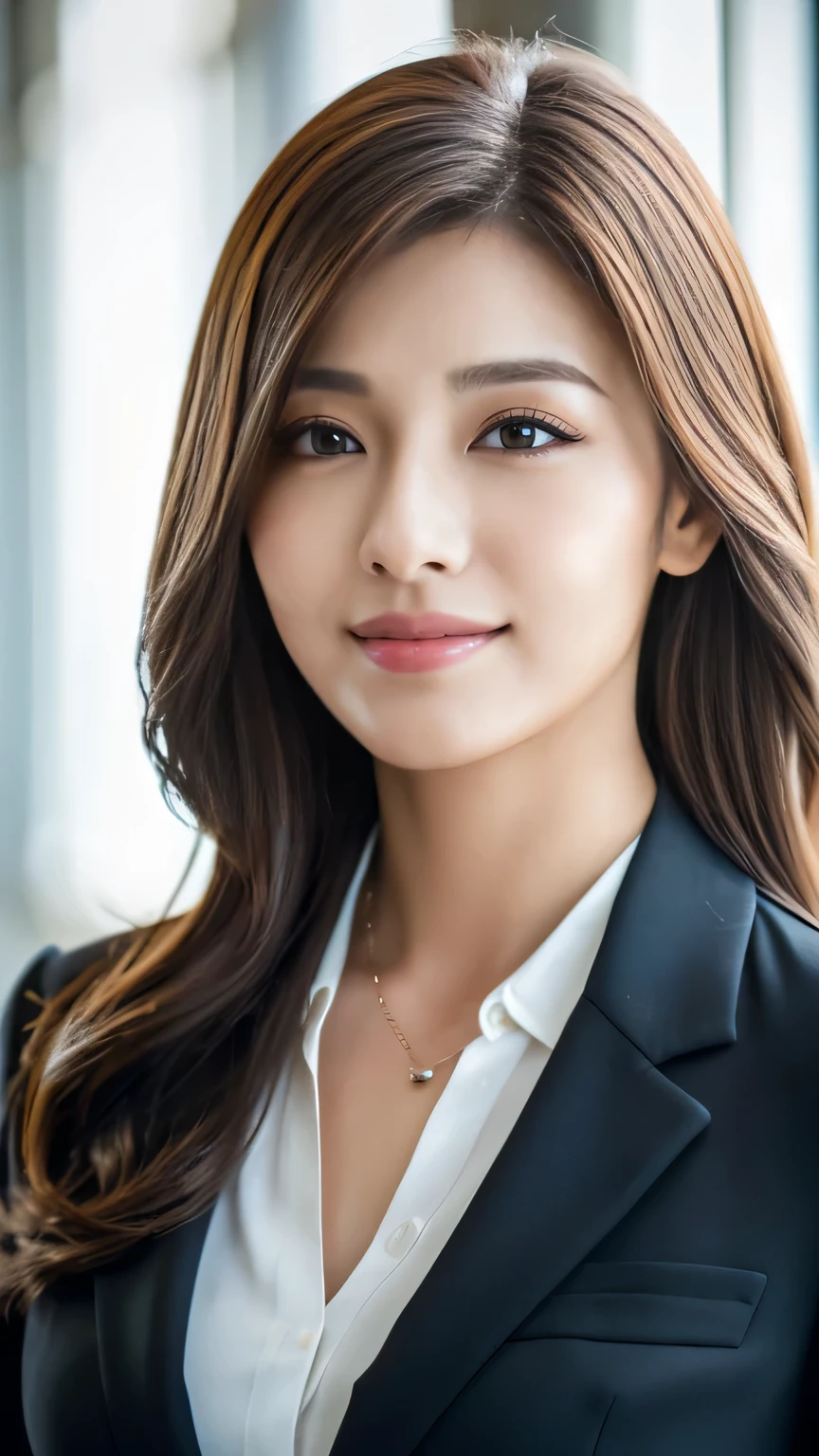 Tabletop, Highest quality, Realistic, Very detailed, finely, High resolution, 8k wallpaper, One beautiful woman,  ((Australian/Japanese mix)),  Light brown super long hair, Wearing a business suit, Sharp focus, Perfect dynamic composition, Beautiful and detailed, Long eyelashes、((Heavy makeup))、Detailed Realistic skin texture,  ((front))、 smile, From the chest up、