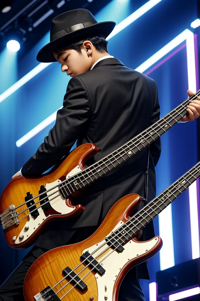 YOUNG, boy playing an electric bass, shown from behind, is playing on stage, Suit, wear hat and suit, anime style