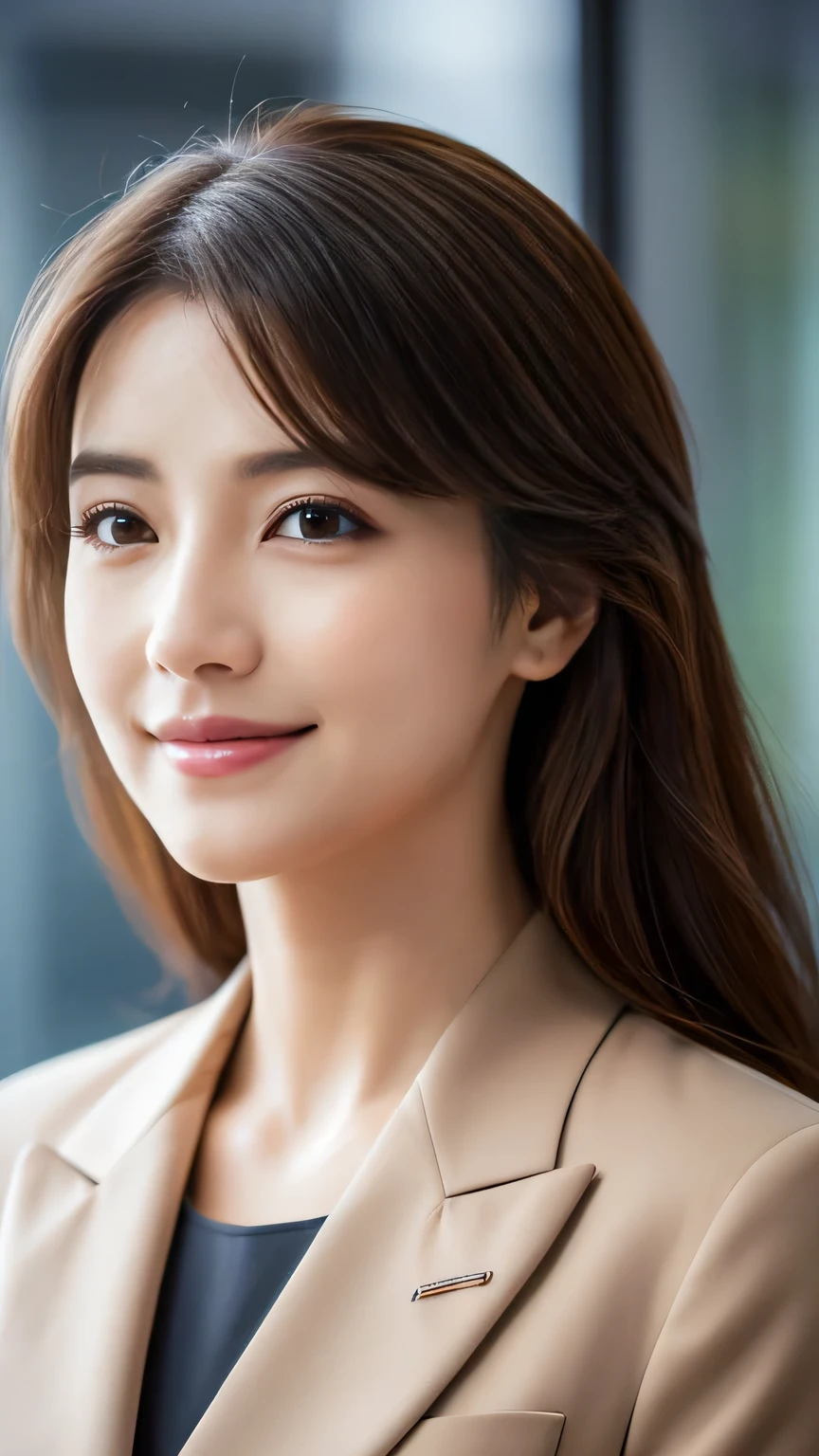 Tabletop, Highest quality, Realistic, Very detailed, finely, High resolution, 8k wallpaper, One beautiful woman, ((Australian/Japanese mix)), Light brown super long hair, Wearing a business suit, Sharp focus, Perfect dynamic composition, Beautiful and detailed, Long eyelashes、((Heavy makeup))、Detailed Realistic skin texture, ((front))、 smile, From the chest up、