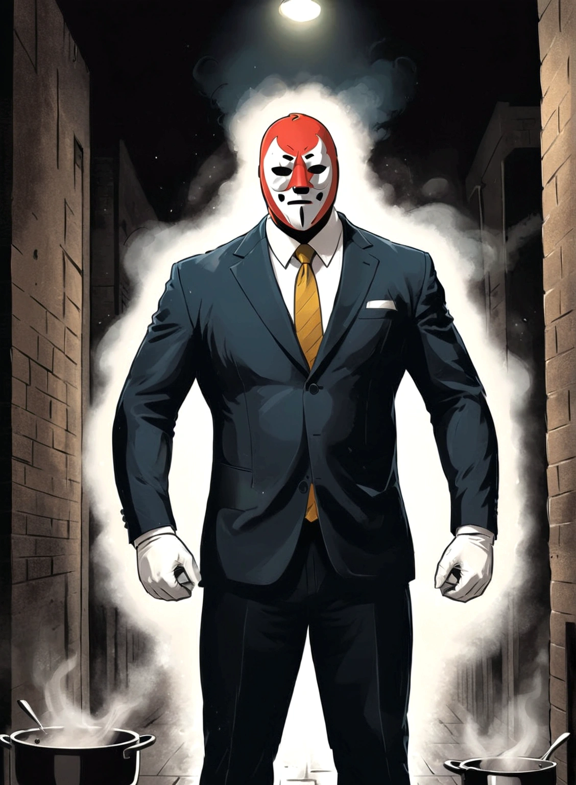 Minimalistic comic artwork of a large man in a business suit, wearing a wrestling mask, cooking in a dark alley, looking back at the camera, crosshatching, 2D, Sharp, Detailed, HD, HDR, High Quality, High Resolution, Masterpiece, single panel