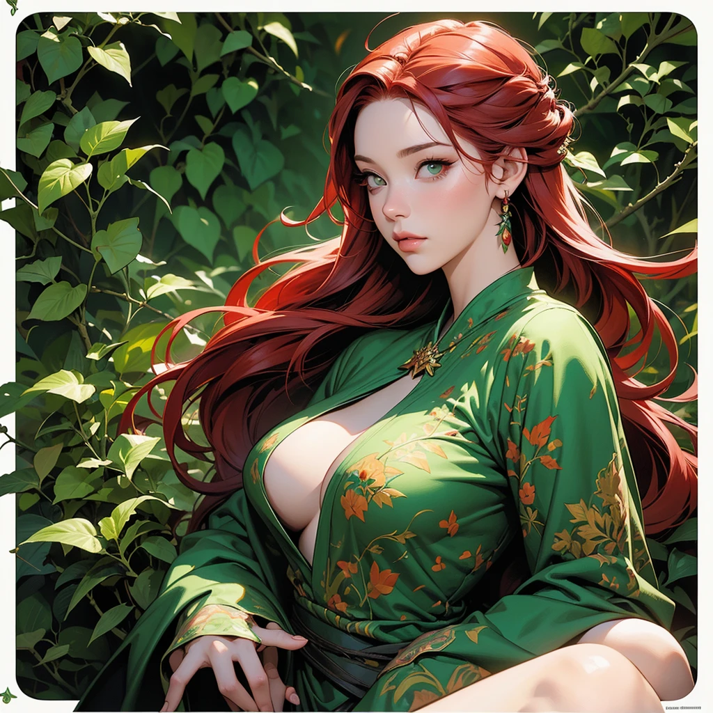 a woman with red hair and green leaves on her head, by Ross Tran, fantasy art, martin ansin, vines and thorns, hulkish, ross tran style, clad in vines, fantasy card game art, trending on artstration, covered in plants, dan mumford tom bagshaw, ilya kuvshinov and artgerm, video game characters designs