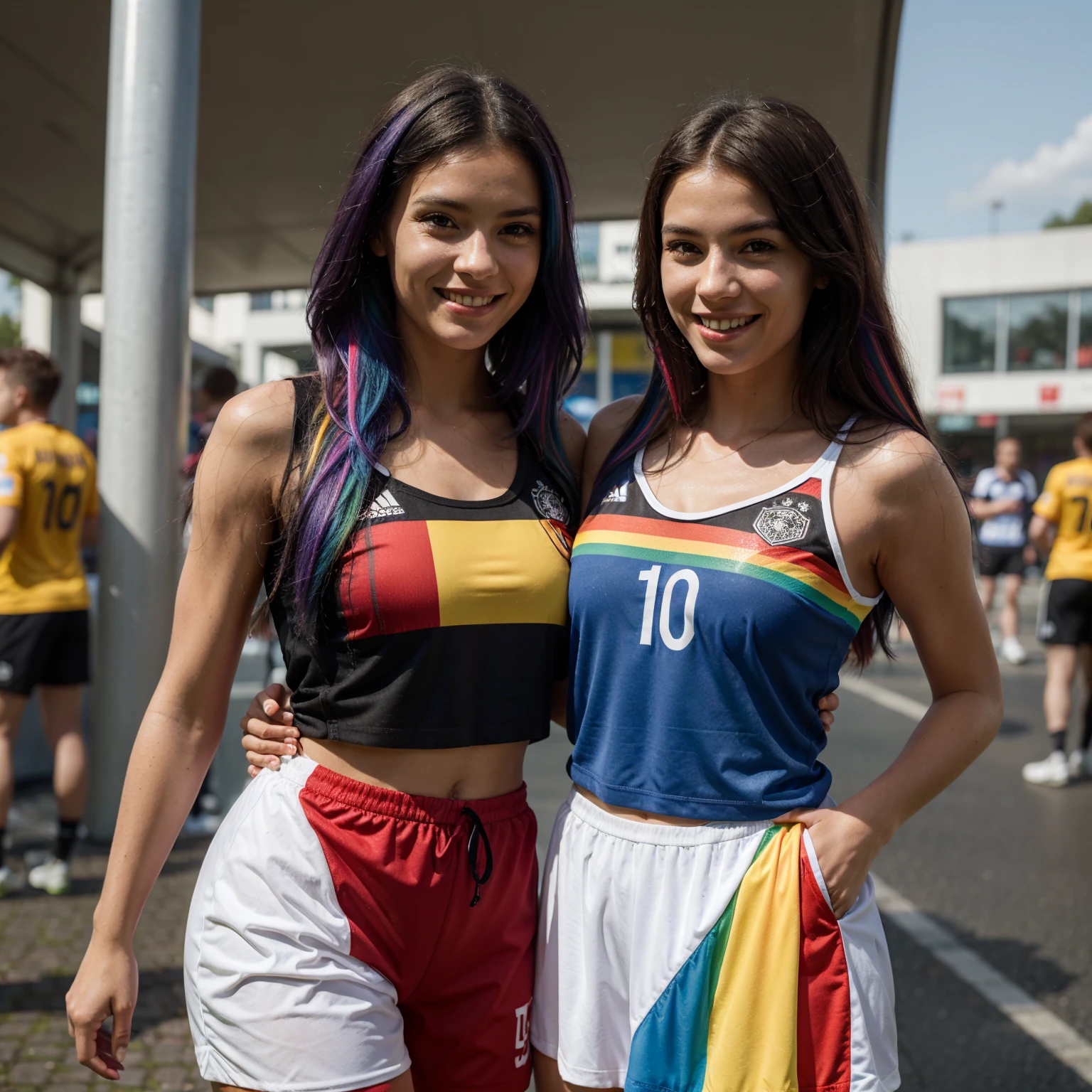 two beautiful woman Supporter of the portugal and romania national football team, cheer for their beloved team , photo style sport news , full body style