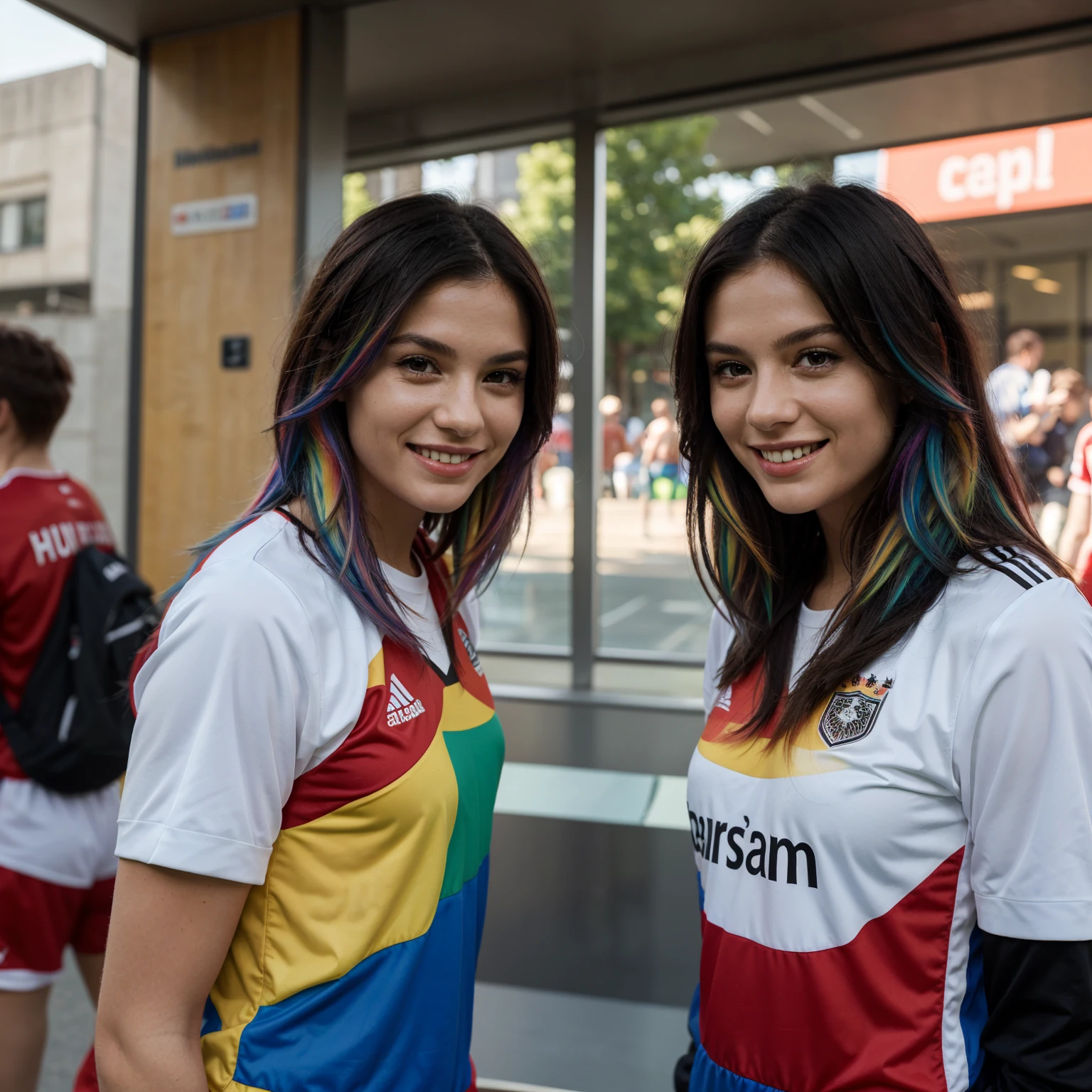 Imagine two women, long messy rainbow coloured hair, wearing hyperrealistic Germany football kits, smiling, public viewing