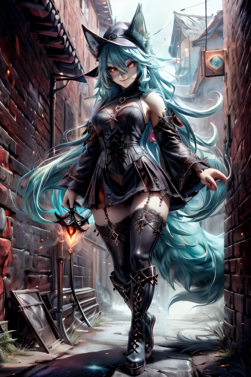 [Best quality, Shaded, extreme detail, highly detailed, ultra detailed, intricate, Realistic, perfect face], wolf woman, full body portrait, full fur, magic fur, full tail, big signal, magic tail, long hair (hair colorful), hat on the head (gothic style), almond-shaped eyes (bright turquoise color), expressive smile, charming face, gothic clothing (dark color with magic skulls), black fur tights, shoes (gothic style high boots ), the scene takes place in a narrow alley with a sinister and dark atmosphere.
