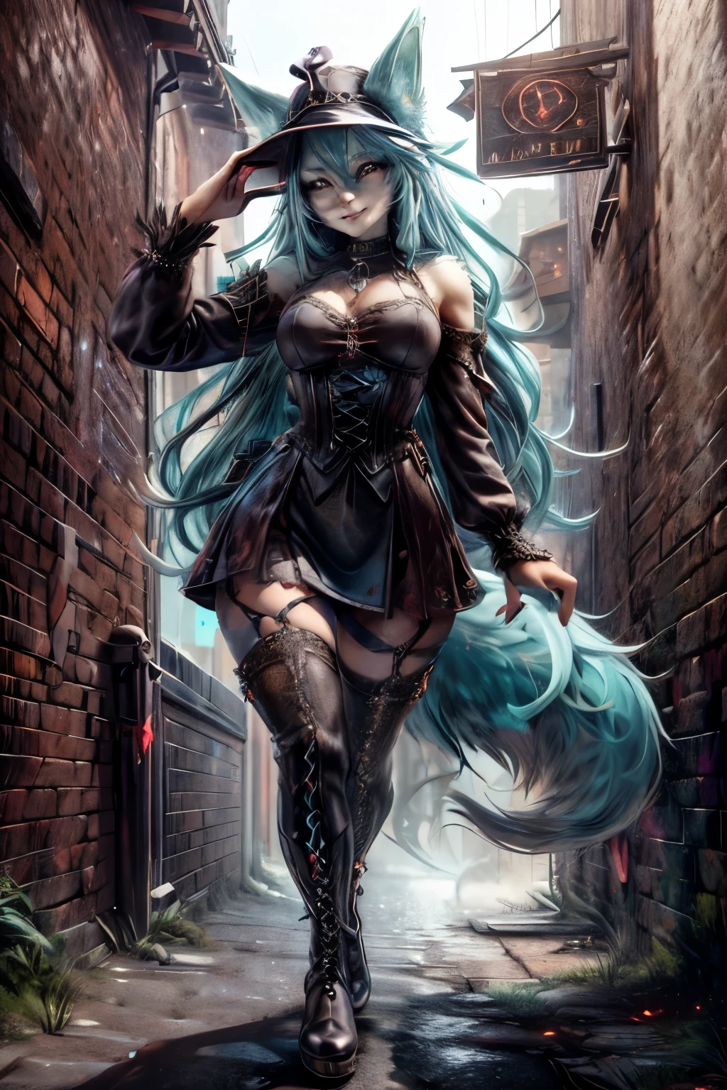 [Best quality, Shaded, extreme detail, highly detailed, ultra detailed, intricate, Realistic, perfect face], wolf woman, full body portrait, full fur, magic fur, full tail, big signal, magic tail, long hair (hair colorful), hat on the head (gothic style), almond-shaped eyes (bright turquoise color), expressive smile, charming face, gothic clothing (dark color with magic skulls), black fur tights, shoes (gothic style high boots ), the scene takes place in a narrow alley with a sinister and dark atmosphere.