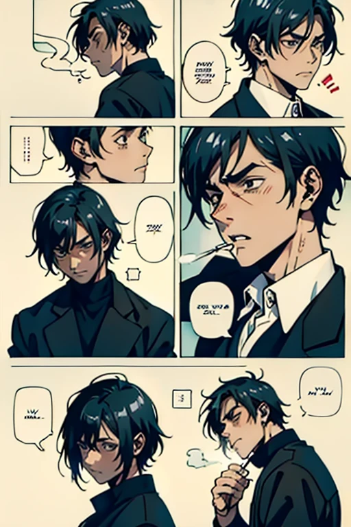 Guy with short black hair smoking and crying scared, manga page with panels and dialogue