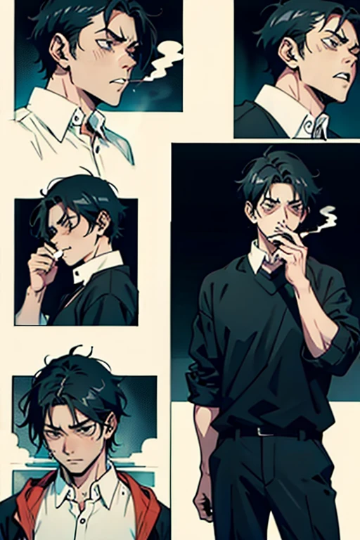  Guy with short black hair smoking and crying scared, manga page with panels and dialogue    