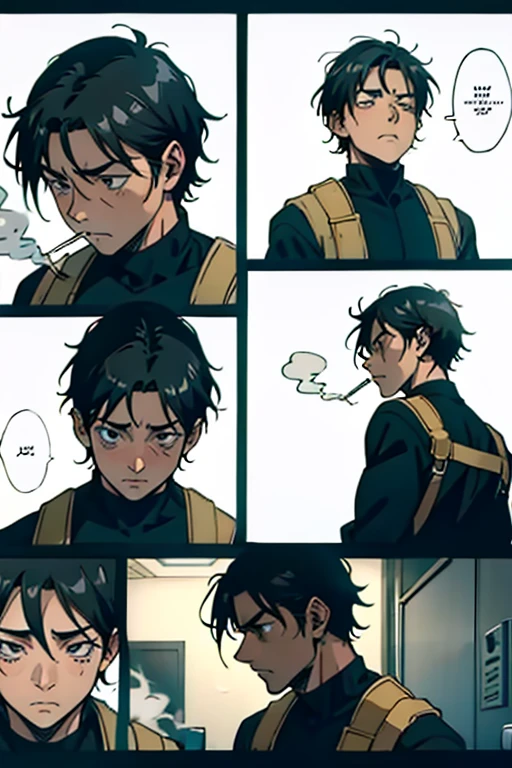 Guy with short black hair smoking and crying scared, manga page with panels and dialogue