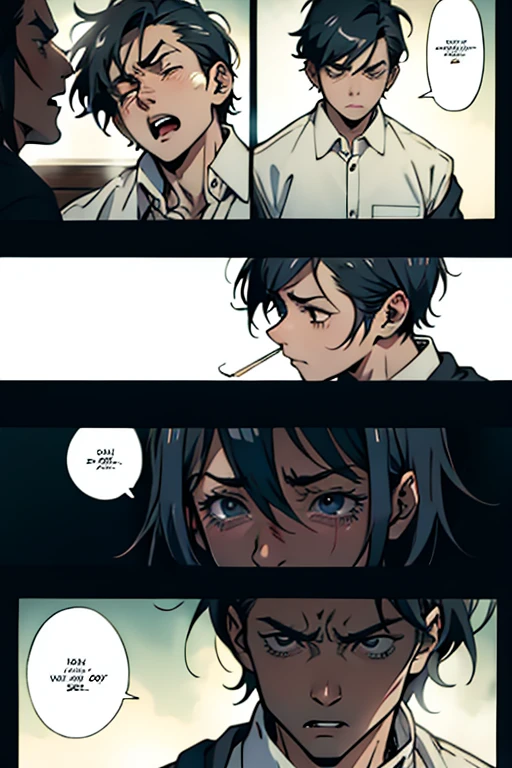  Guy with short black hair smoking and crying scared, manga page with panels and dialogue    