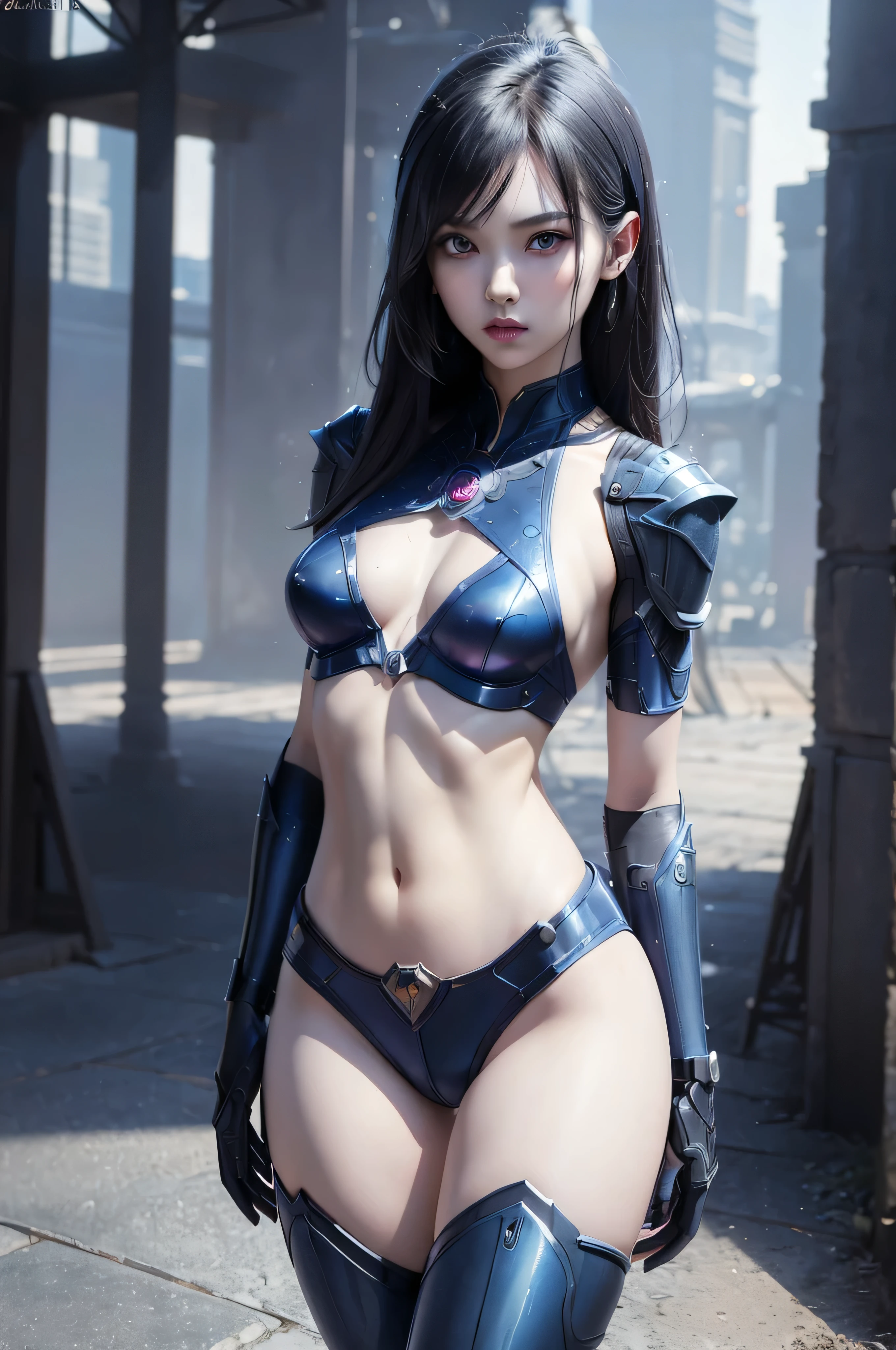 ((masterpiece, 8K, 3D, Realistic, Super Detail)), (1girl:1.3), slender 16 age, Ultra Micro photography, Tzuyu-Twice Super realistic, Perfect face, 16K resolution, 4k resolution, The photo was taken from the Front, facing to the photographer, Foreground photo, dynamic lighting, posing on a pedestal, high-definition resolution, Beautiful features, ((Perfect female Model Slim body)) Beautiful features, Standing pose, ((small hip)), (((2 piece Mystique Hotpants-Bikini))), Sci-fi futuristic, ((Mystique armor)) ((bionic Fragmented Mystique chest armor suit)), ((Exposed slim thighs)), wear mesh metal-stockings, ((slim thighs)), ((bionic Slim thighs Mystique armor)), Front Full body Shot, full body portrait, perfect legs, Mystique shoes, futuristic city background