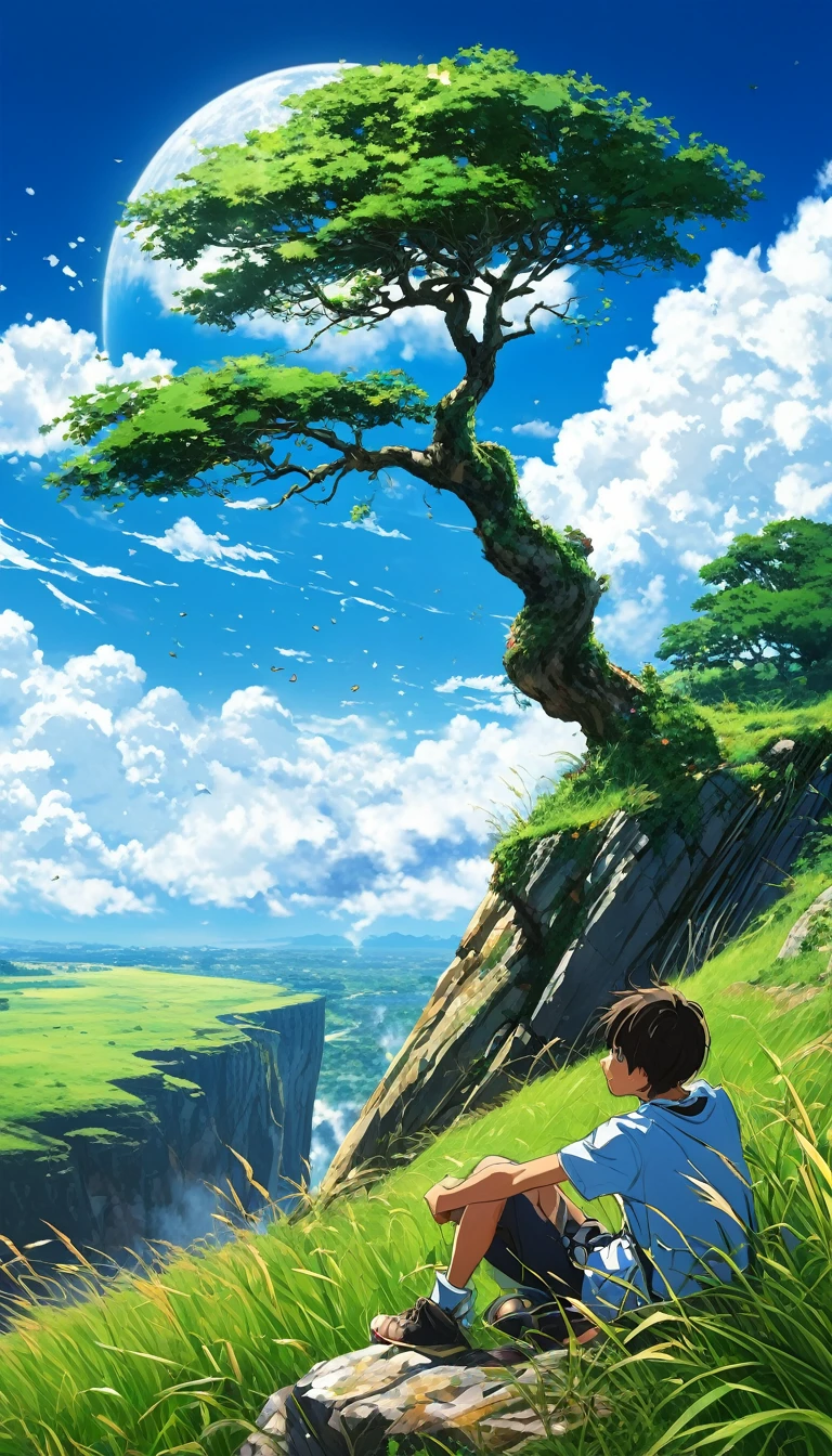 a boy sitting under a big tree near a cliff ,leftovers from the tree, seeing a vast blue sky with white fluffy clouds and bright edges and brush strokes , tall grasses stones, , makoto shinkai cyril rolando, anime art wallpaper 4k, anime art wallpaper 4k, animated background, anime art wallpaper 8K, animated background art, Anime Landscape Wallpaper, amazing wallpaper, HD wallpaper, 4k anime wallpaper, 4k anime wallpaper, Aries Moross art,art by Bob Byerley , AshleyWoodArtAI, greg rutkowski