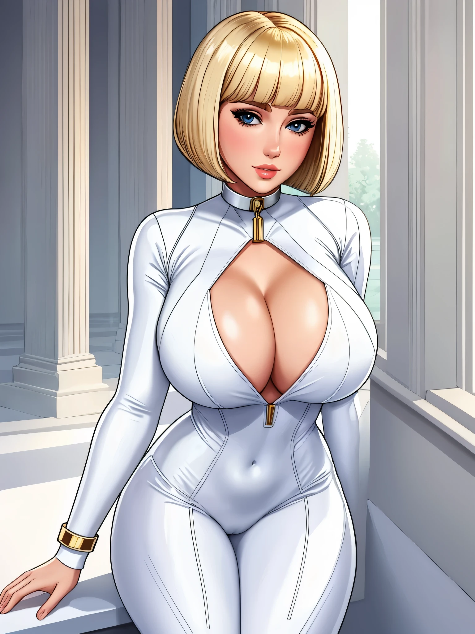 masterpiece, white , full body shot, cleavage, gorgeous woman, clone, barcode, blonde, slave collar, 1girl, bobcut, rubenesque woman
