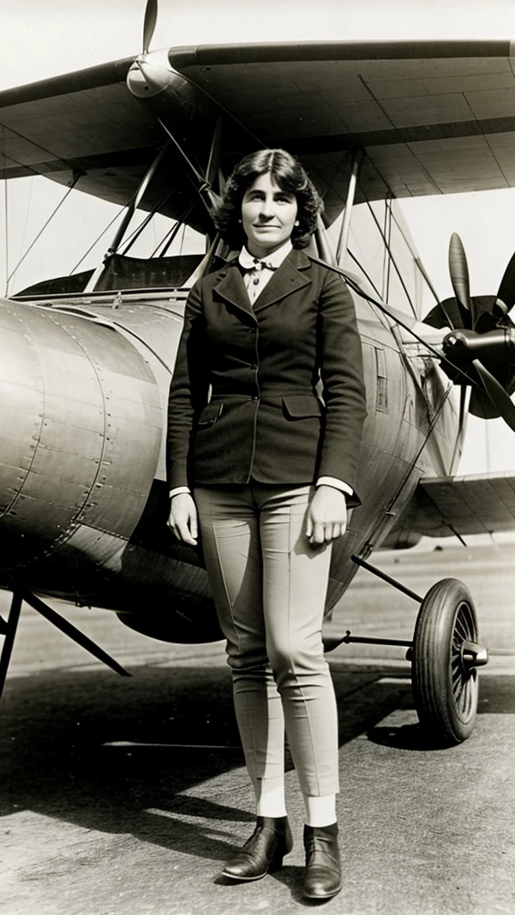 Harriet Quimby standing next to her plane, ready for her historic flight.