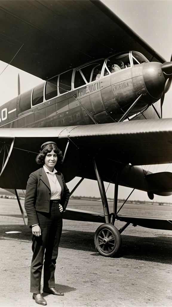 Harriet Quimby standing next to her plane, ready for her historic flight.