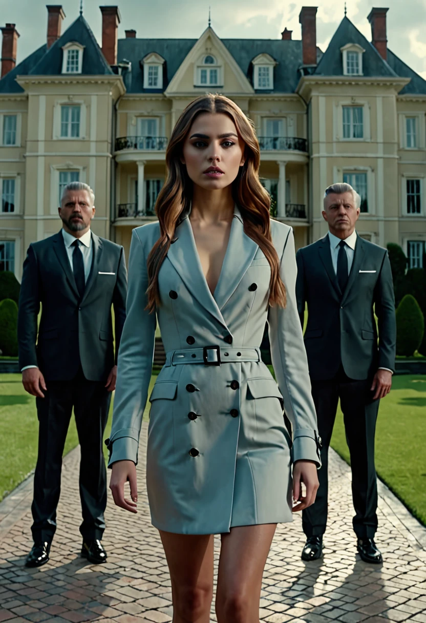 Young woman infront of four menacing men, mansion background, dramatic, 8k, ultra hd, realistic.
