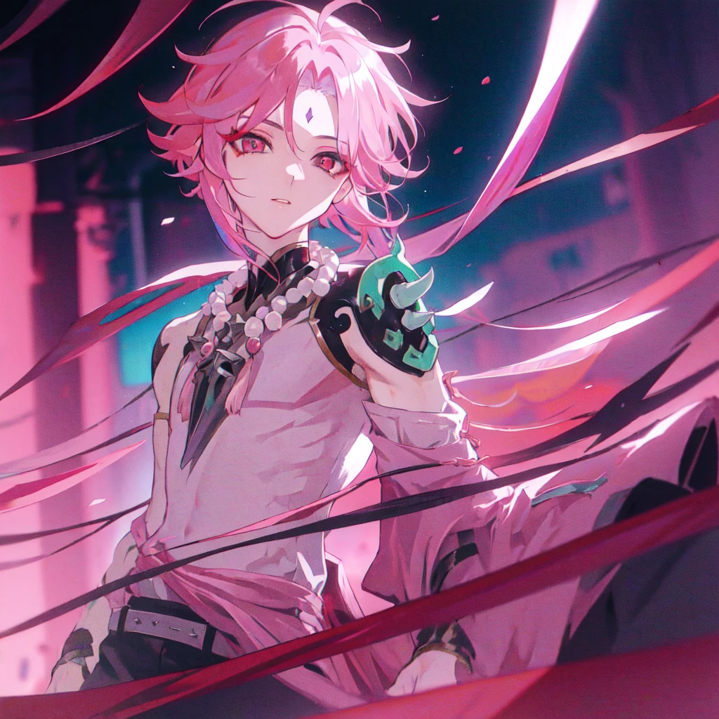 1boy,pink hair,best quality,masterpiece,extremley,red eyes,male focus,beautiful eyes,