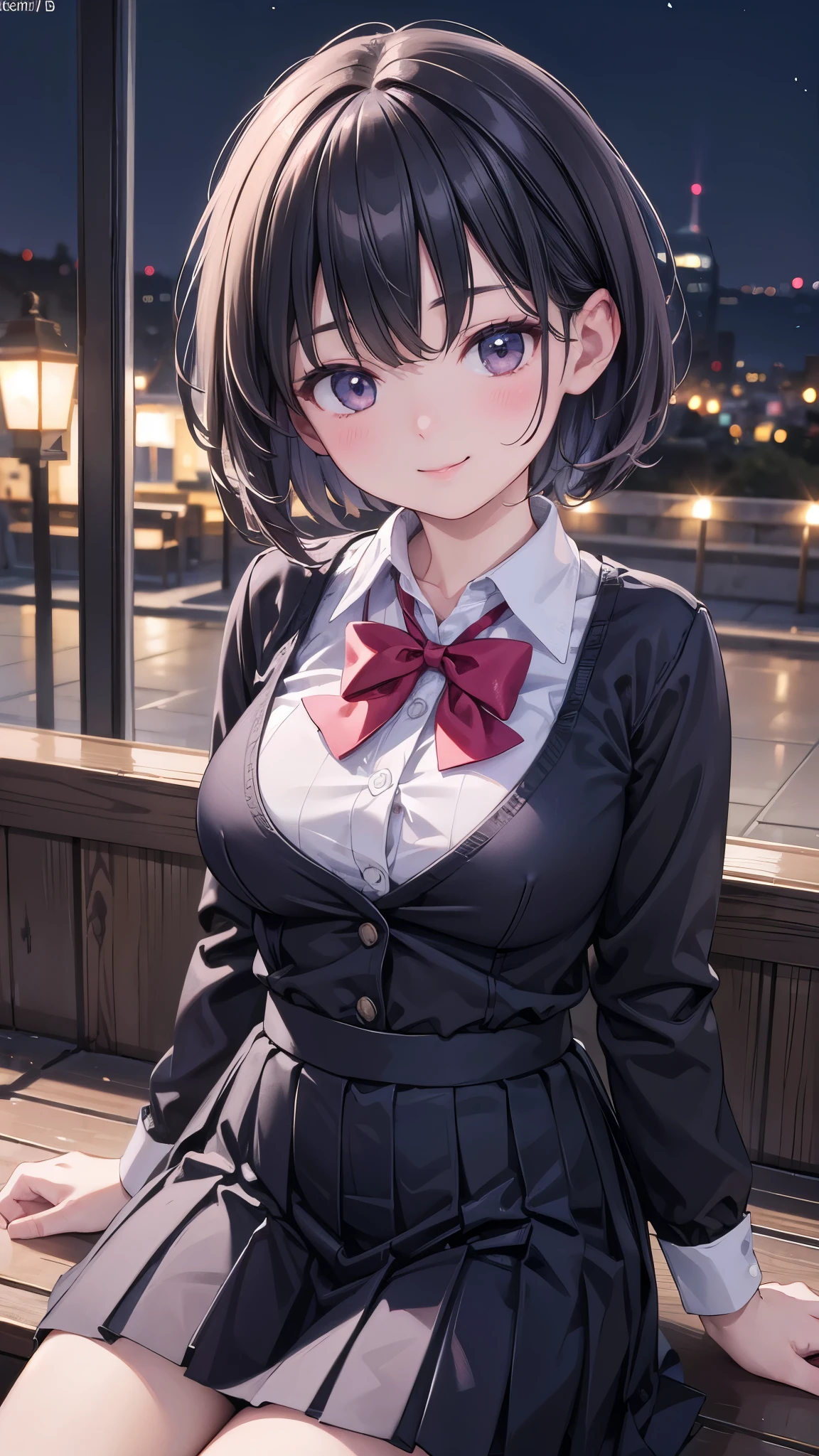 (8K, RAW Photos, Highest quality, masterpiece:1.2), (Realistic, photo-Realistic:1.37), Super detailed,
1 Girl,cute, alone,Beautifully detailed skies,Detailed Cafe,night,Sitting,Date,(Red nose),(smile:1.1),(Mouth closed),Large Breasts, seductive smile, Large opening, Professional Lighting, Sony A7R4, Zesse 50mm f1.8,
Medium chest,Beautiful attention to detail,(Collared shirt:1.1), bow tie,Pleated skirt,(short hair:1.2),Floating Hair 