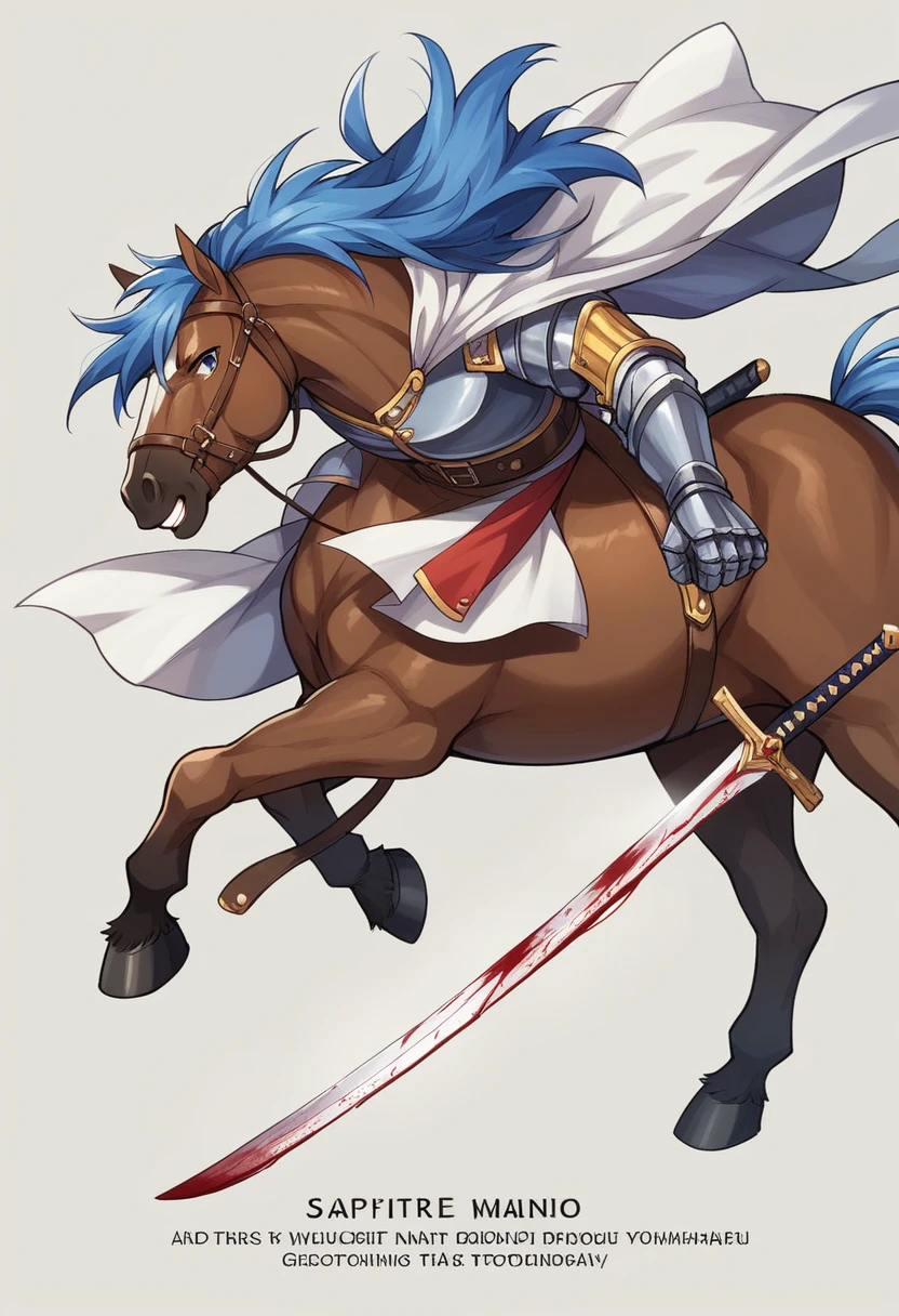 1 Domineering boy, Axisymmetric combination is correct，Solitary，Male swordsman，horse riding，Hold the hilt of the sword，每只手Hold the hilt of the sword，Sapphire sword，blood sword, The blade glows，Front view, close up， ((best quality)), ((masterpiece)), ((Practical))，Ultra HD，Background display text Iron-blooded Hero Dream，