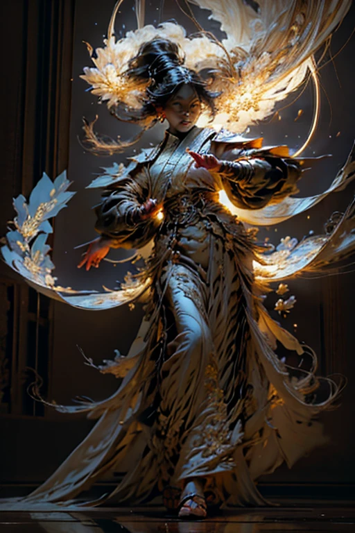 1 woman, Asia, delicate face, beautiful, Big eyes, full body, sacred, high cold, Flowing hair , facial details, Spectacular armor, Spectacular accessories, white skin, black hair, sacred, Masterpiece, (flower), (thunder), (electricity), (water), lightning, rain, scattered paper, Hand fold, Fantasy, แสงsacred, 27 small suns, Reality and dreams come together, 8K, maximum, best quality, Masterpiece, premium, close up, from the front, Facing the audience, full body, alone