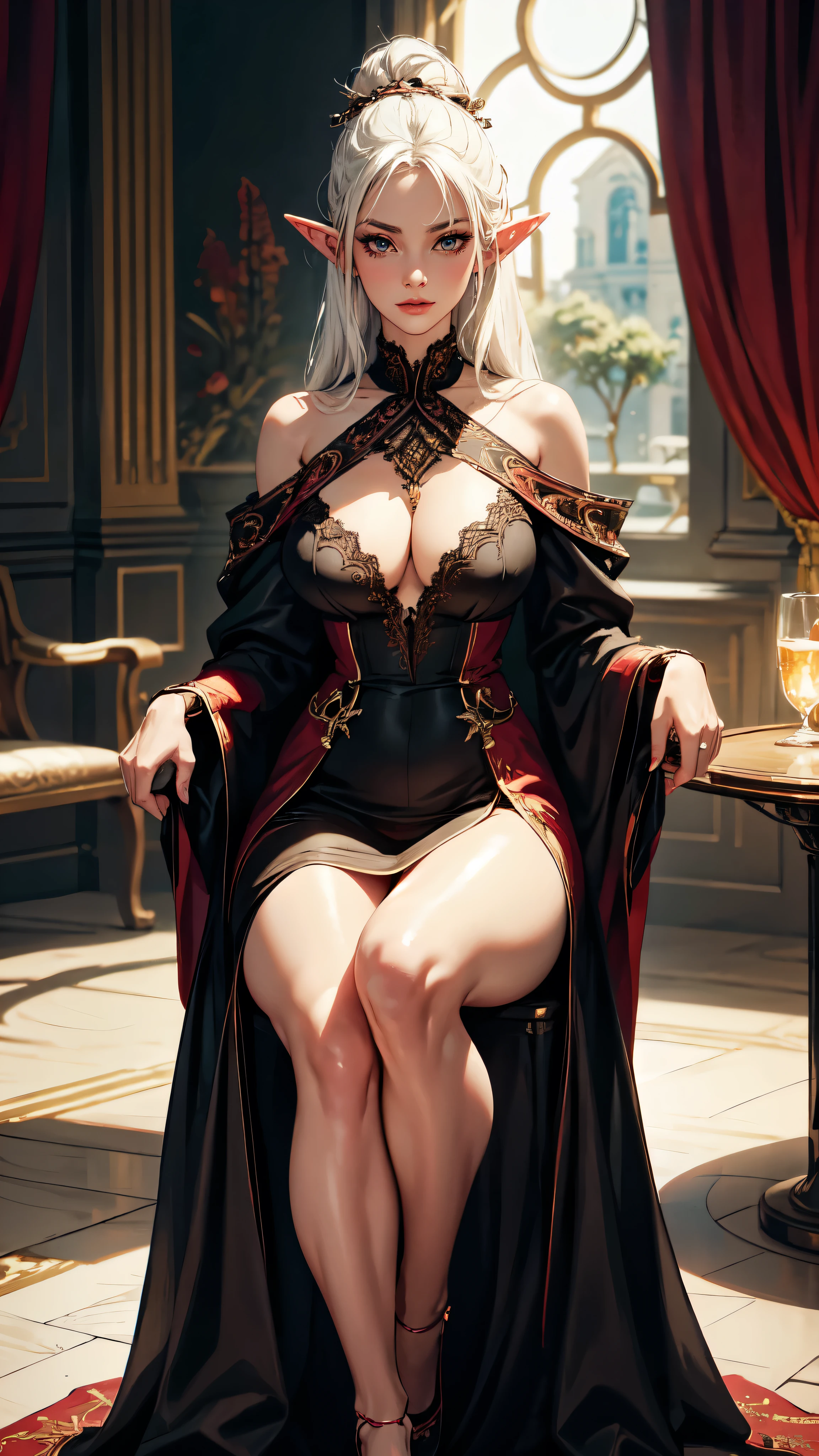 best quality, incredibly absurdres, extremely detailed, 2.5D, delicate and dynamic, beautiful woman, white hair tied up, gorgeous and glamorous black evening dress, red lines, shiny satin fabric, lace, embroidery, robes, shawls, accessories, captivating look, superlative body proportion, gorgeous and gorgeous effects, background aristocratic social setting,.elf woman, detailed face, detailed eyes, detailed hands, full body, sexy elf
