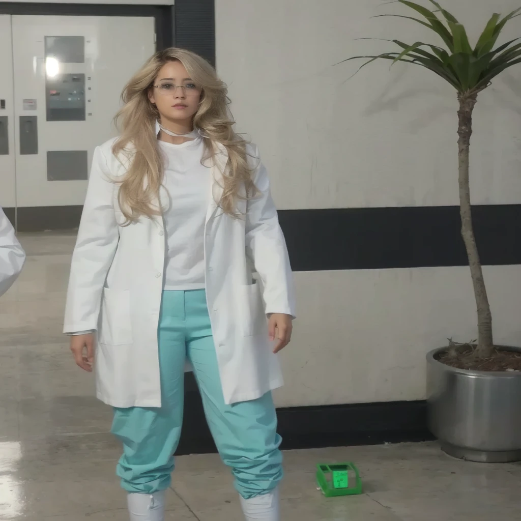 there is a woman in a white coat and blue pants, wearing Lab coat and a blouse, wearing Lab coat, wearing a Lab coat, Lab coat, wearing a lab coat, wearing a white Lab coat, wearing a white hospital coat, with a Lab coat, lab coat, white Lab coat, in hospital in patient gown, wearing Lab coat and glasses
