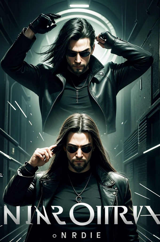Create name art "fugitive from the Matrix" where it contains the character Neo from The Matrix, with sunglasses, long hair, beard and with broken chains on his hands