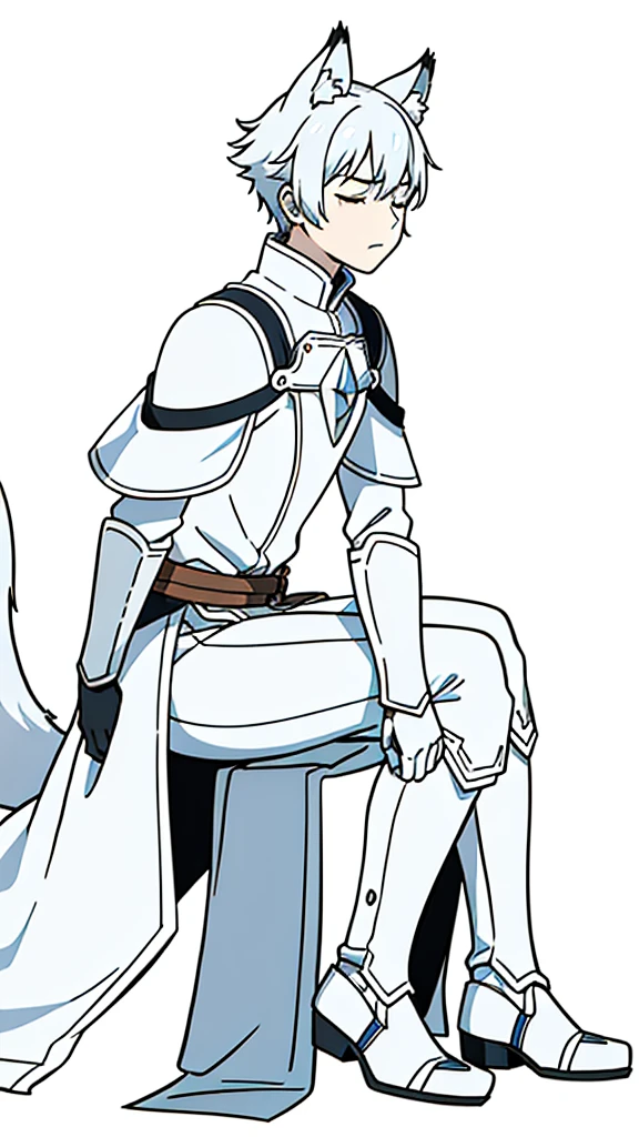 (1boy,15 years old),short hair,solo,white armor ,silver hair,fox ears,(white background,line drawing),serious,closed eyes,from side, sitting,full body, 