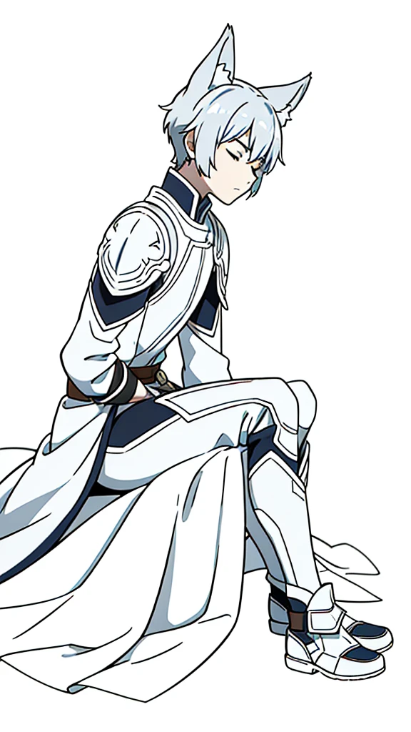 (1boy,15 years old),short hair,solo,white armor ,silver hair,fox ears,(white background,line drawing),serious,closed eyes,from side, sitting,full body, 