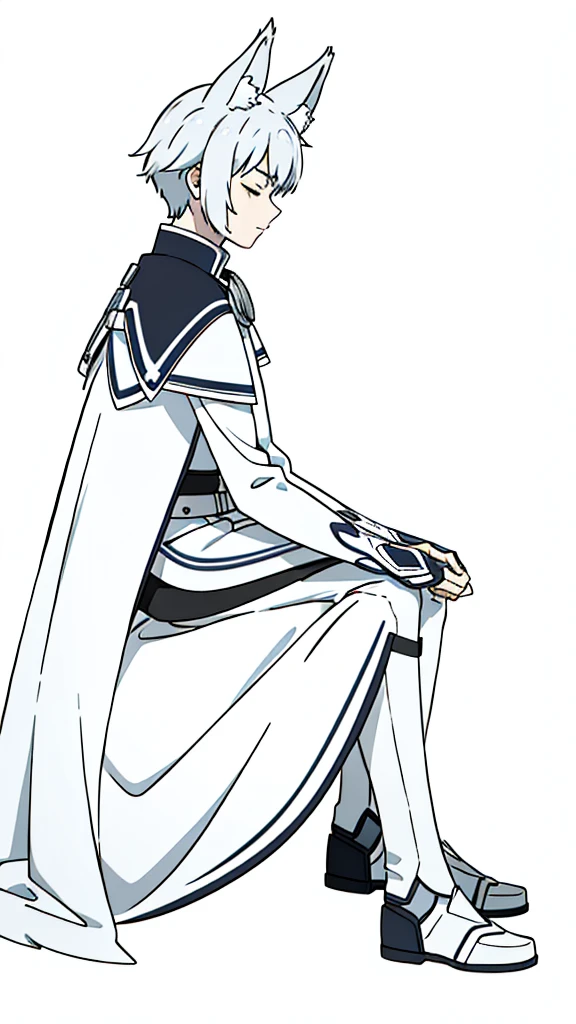 (1boy,),short hair,solo,white armor ,silver hair,fox ears,(white background,line drawing),serious,closed eyes,from side, sitting,full body, 