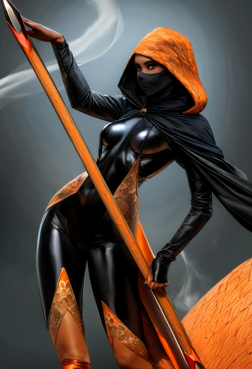 lean, agile female with long flowing black hair, Dark tan skin complexion, bright black eyes, aesthetic, and high cheekbones. She excels as a master of disguise, an exceptional acrobat, and an expert with throwing knives, with skills in stealth and silent movement. Her costume includes a black bodysuit with orange patterns mimicking flowing smoke, a sleek black mask covering the lower half of her face, a black hood with an orange lining, and a set of throwing knives and a collapsible staff in black and orange. Geographic Data in Detailed Hyper-Realism Photoshoot Style